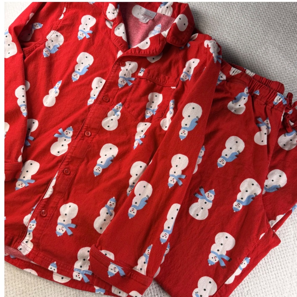 Hanna Andersson Red Snowman Flannel Pajama Set Womens Medium 100% Cotton 2 Piece